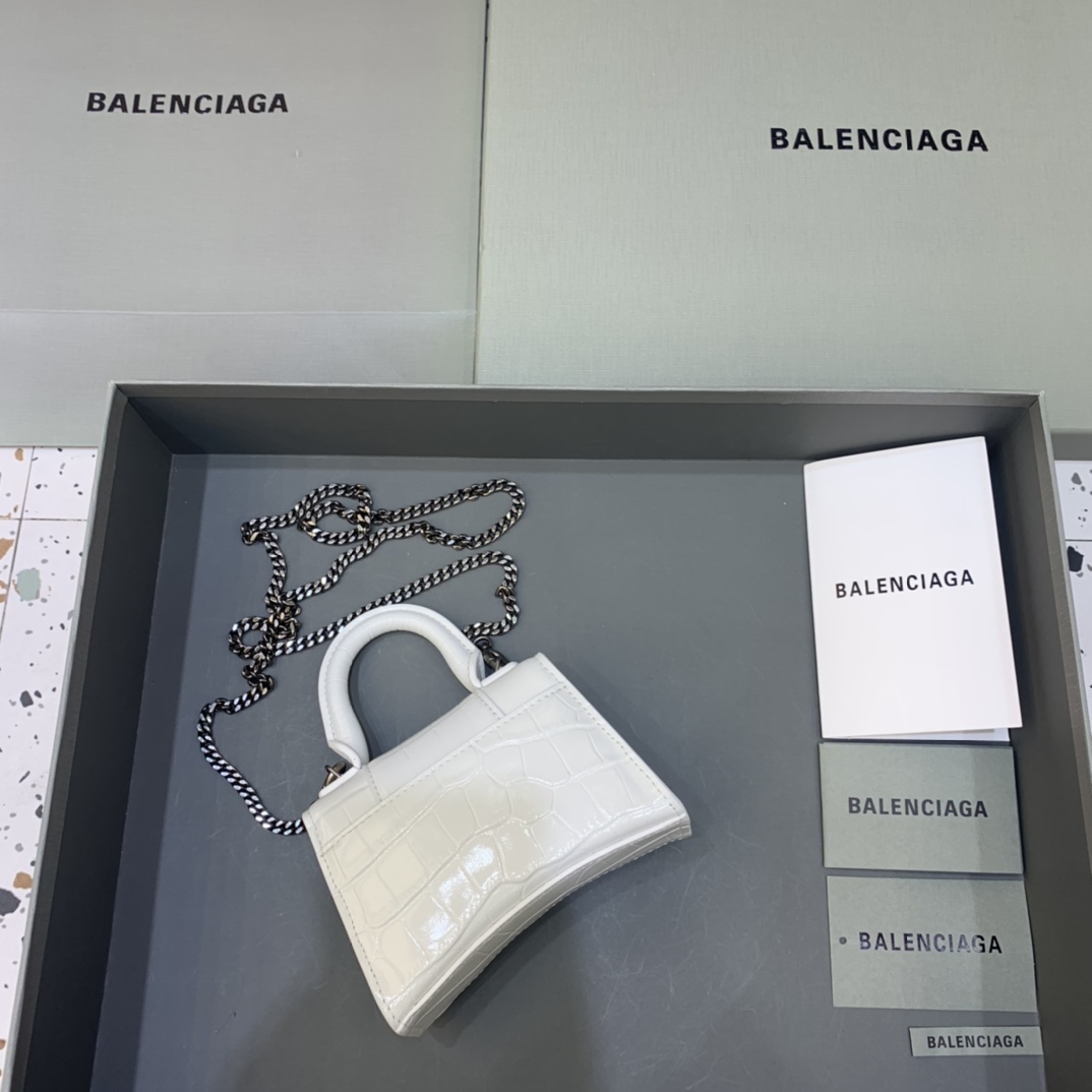 Balenciaga Hourglass Mini Handbag With Chain Crocodile Embossed Shoulder Bag White